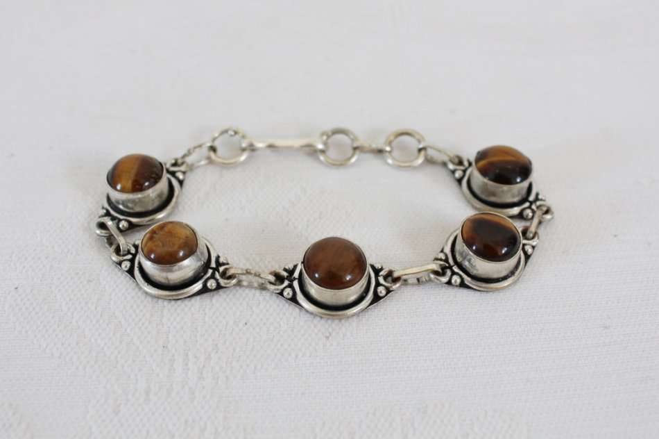 GENUINE TIGERS EYE GEM STONE VINTAGE SILVER PLATED BRACELET BANGLE
