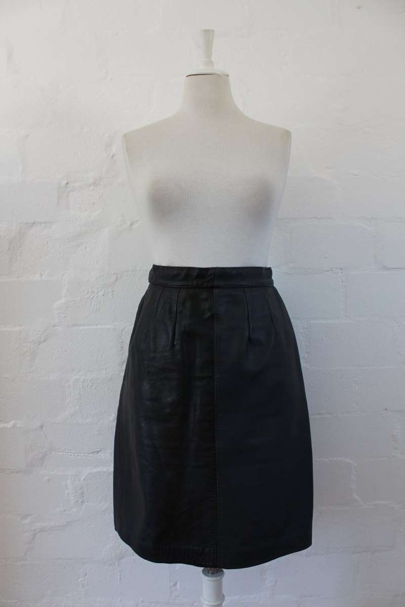 *GENUINE LEATHER* VINTAGE BLACK GREY PENCIL SKIRT - SIZE 12