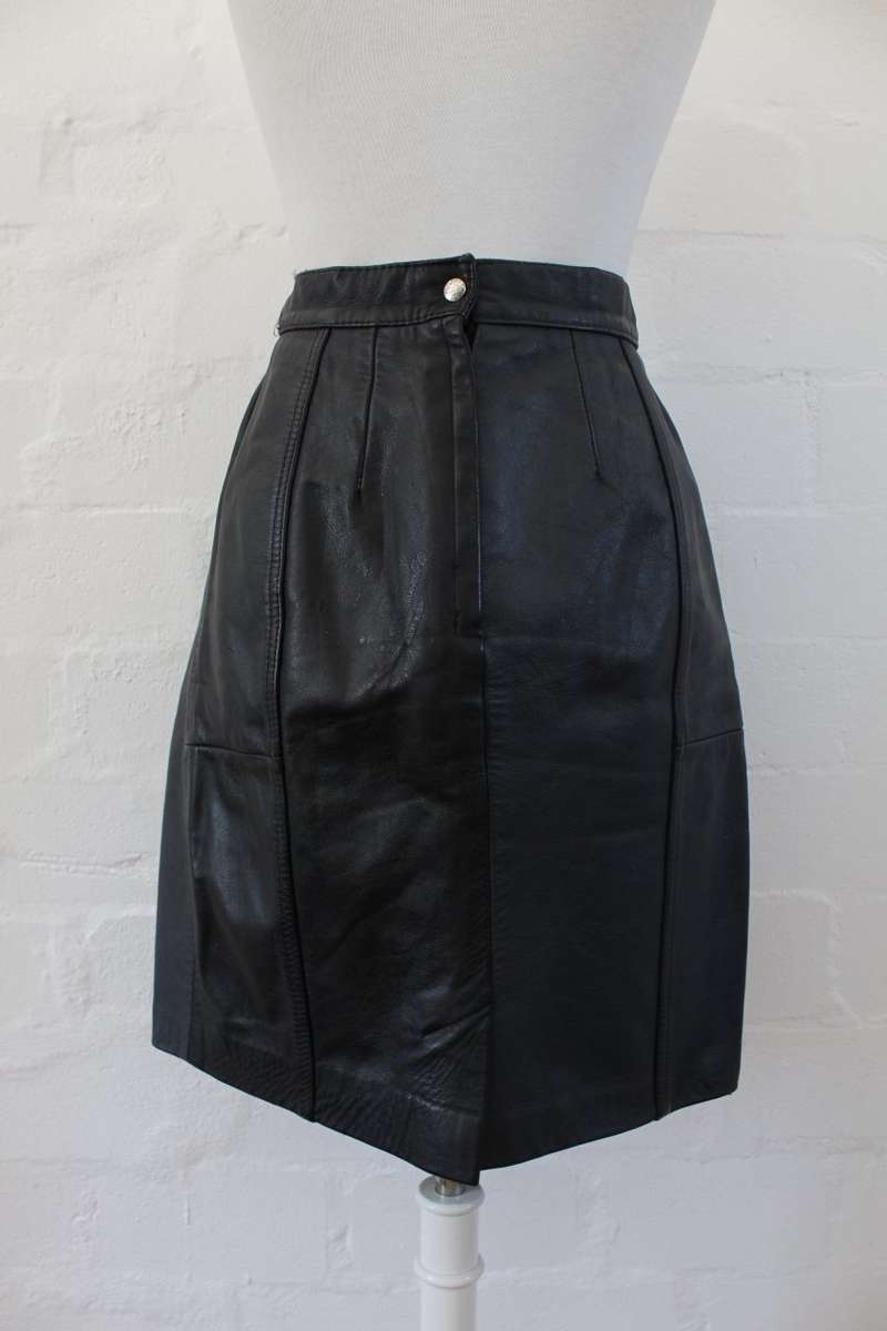 *GENUINE LEATHER* VINTAGE BLACK GREY PENCIL SKIRT - SIZE 12