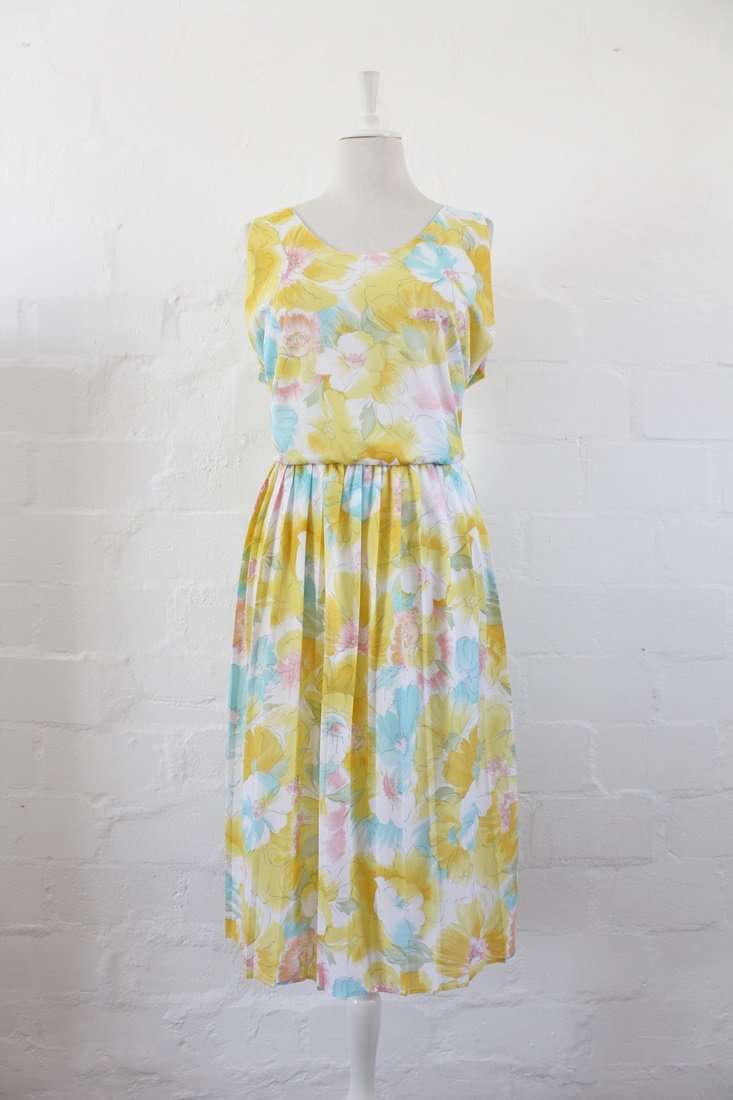VINTAGE TWO PIECE YELLOW WHITE PRINTED PLEATED DRESS TOP SET - SIZE 18