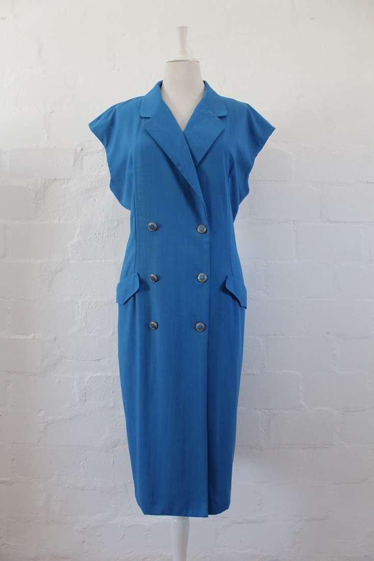 VINTAGE DOUBLE BREASTED BLUE CROSS-OVER DAY DRESS - SIZE 16