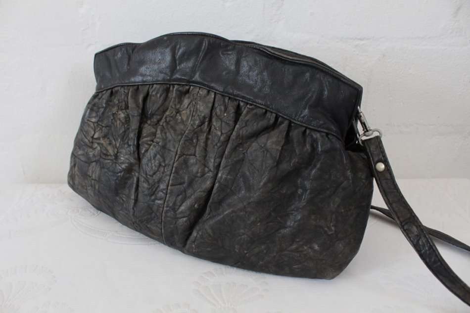 VINTAGE GENUINE LEATHER GREY CRINKLED SHOULDER BAG HANDBAG PURSE
