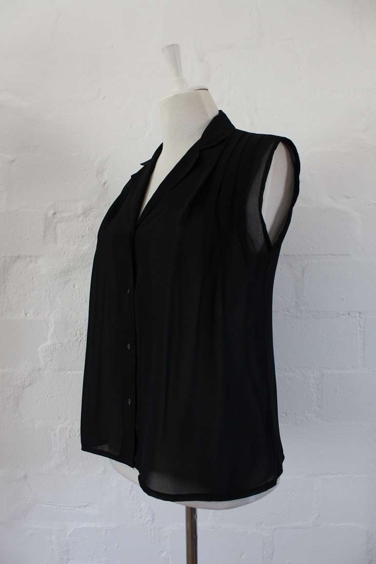 VINTAGE SLEEVELESS PLEATED BLACK BLOUSE SHIRT TOP - SIZE 12
