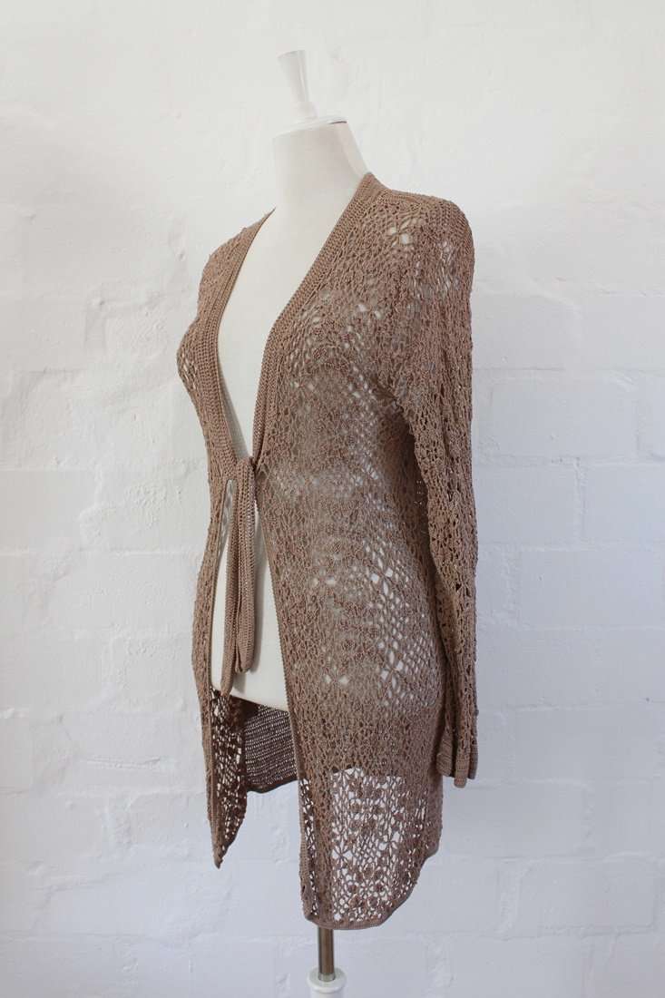 VINTAGE STYLE CROCHET KNIT BROWN TIE FRONT LONG SLEEVE JERSEY - SIZE L