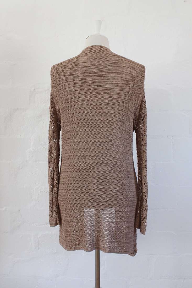 VINTAGE STYLE CROCHET KNIT BROWN TIE FRONT LONG SLEEVE JERSEY - SIZE L