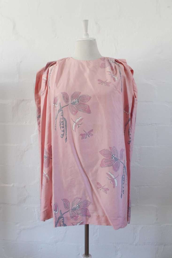 100% SILK VINTAGE PINK FLORAL SLEEVELESS TOP BLOUSE - SIZE L