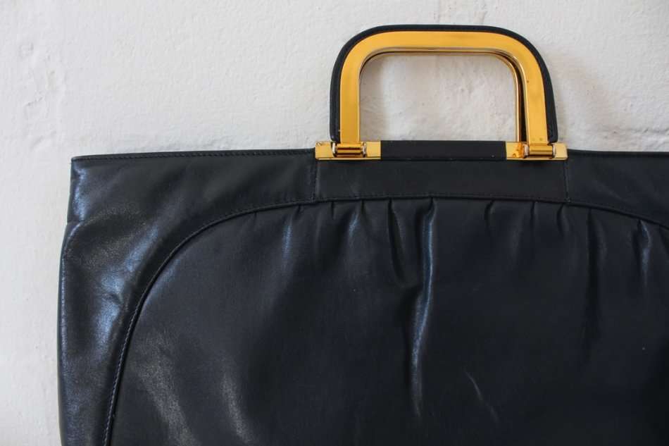 VINTAGE GENUINE LEATHER BLUE GOLD HANDLES CLUTCH BAG PURSE