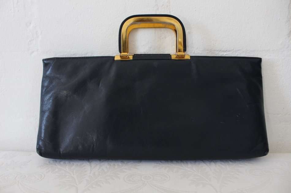 VINTAGE GENUINE LEATHER BLUE GOLD HANDLES CLUTCH BAG PURSE