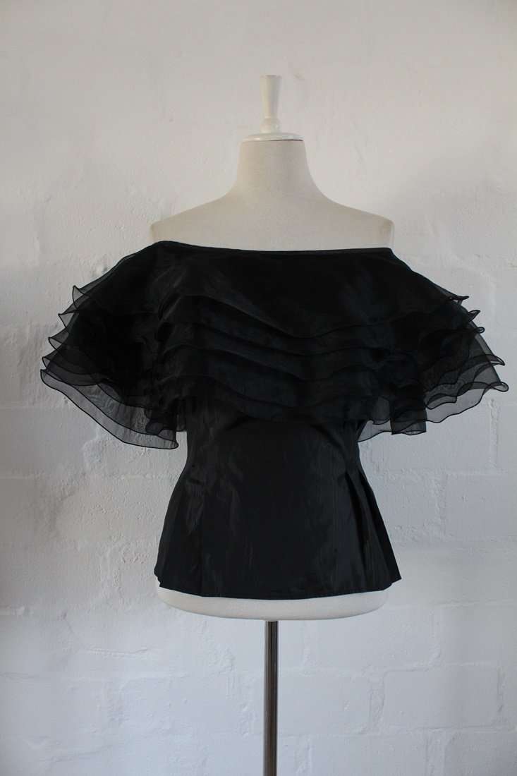 VINTAGE BLACK RUFFLE OFF THE SHOULDER TOP BLOUSE - SIZE 12