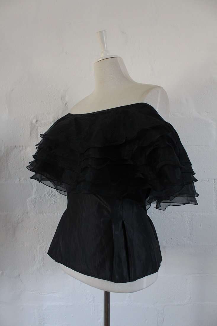 VINTAGE BLACK RUFFLE OFF THE SHOULDER TOP BLOUSE - SIZE 12