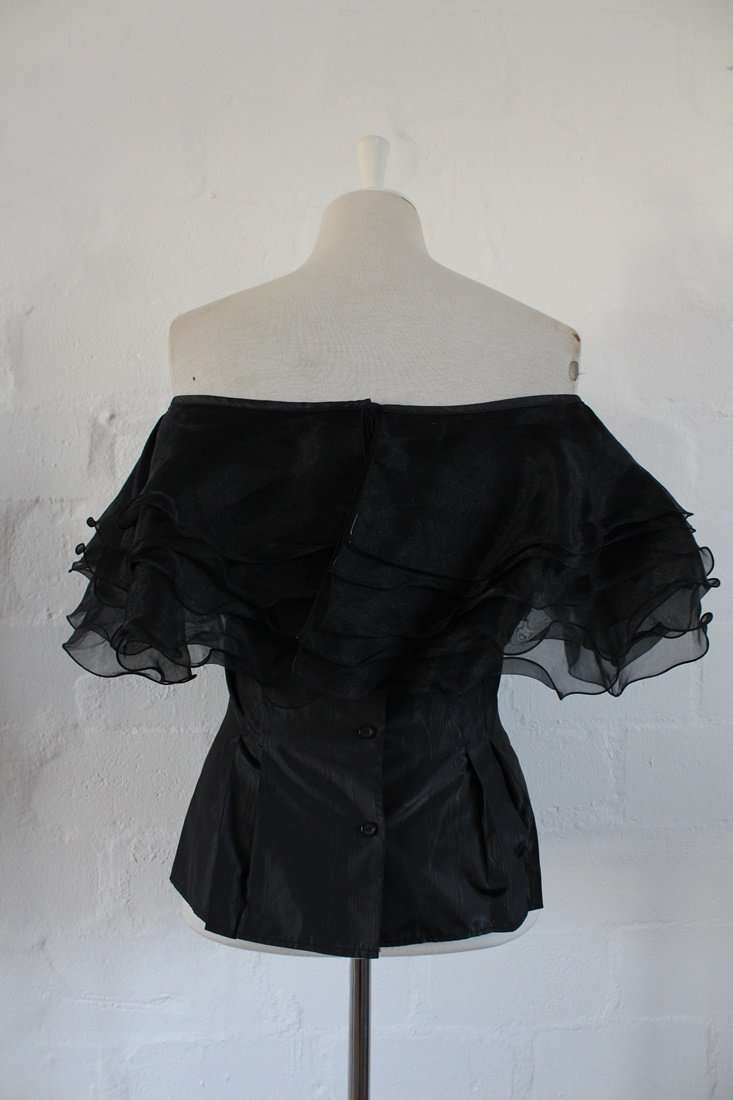 VINTAGE BLACK RUFFLE OFF THE SHOULDER TOP BLOUSE - SIZE 12