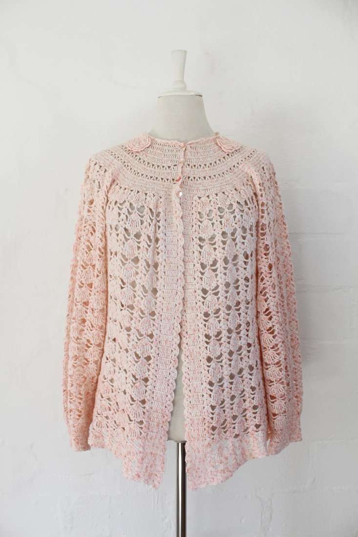 VINTAGE PINK CROCHET KNIT JERSEY CARDIGAN - SIZE XL