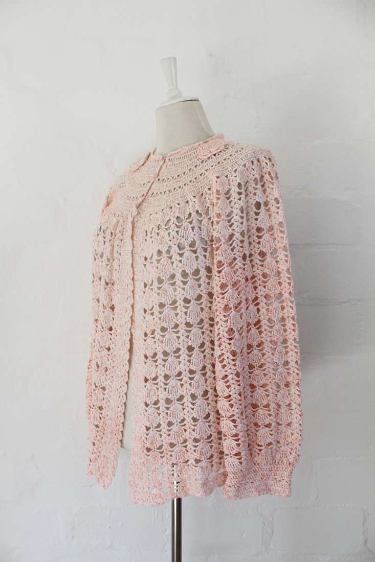 VINTAGE PINK CROCHET KNIT JERSEY CARDIGAN - SIZE XL