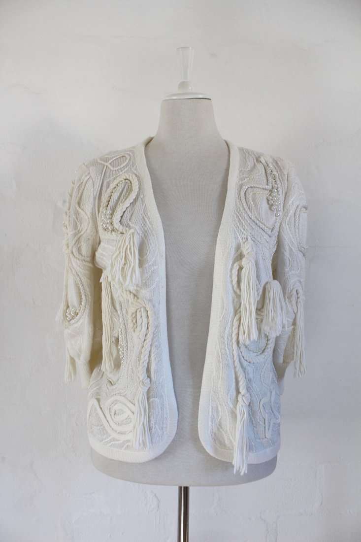 VINTAGE WHITE TASSEL EMBROIDERED BEADED JERSEY CARDIGAN - SIZE M