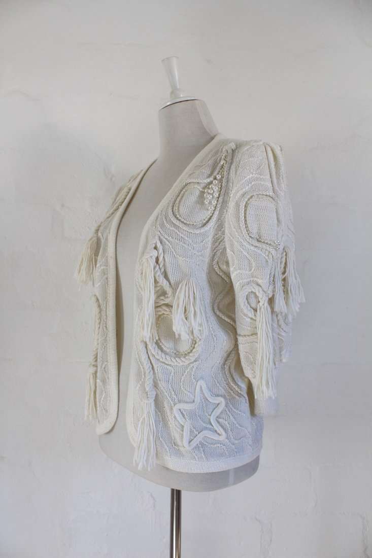 VINTAGE WHITE TASSEL EMBROIDERED BEADED JERSEY CARDIGAN - SIZE M