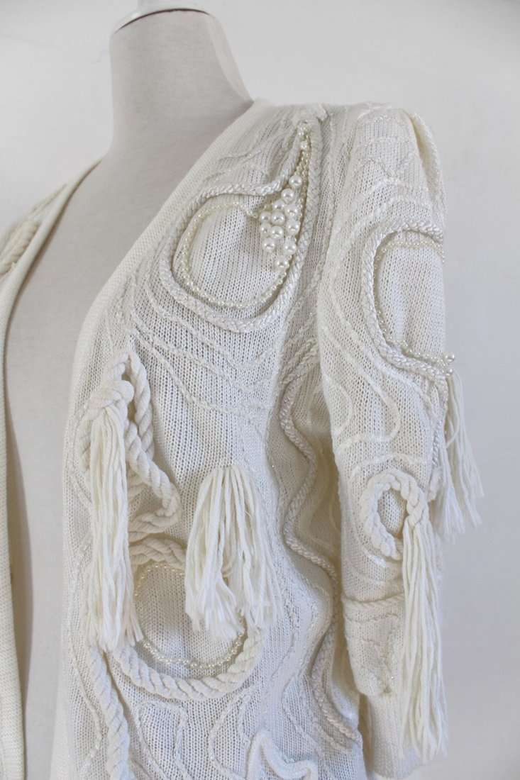 VINTAGE WHITE TASSEL EMBROIDERED BEADED JERSEY CARDIGAN - SIZE M