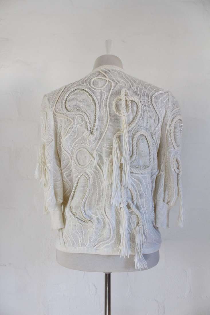 VINTAGE WHITE TASSEL EMBROIDERED BEADED JERSEY CARDIGAN - SIZE M