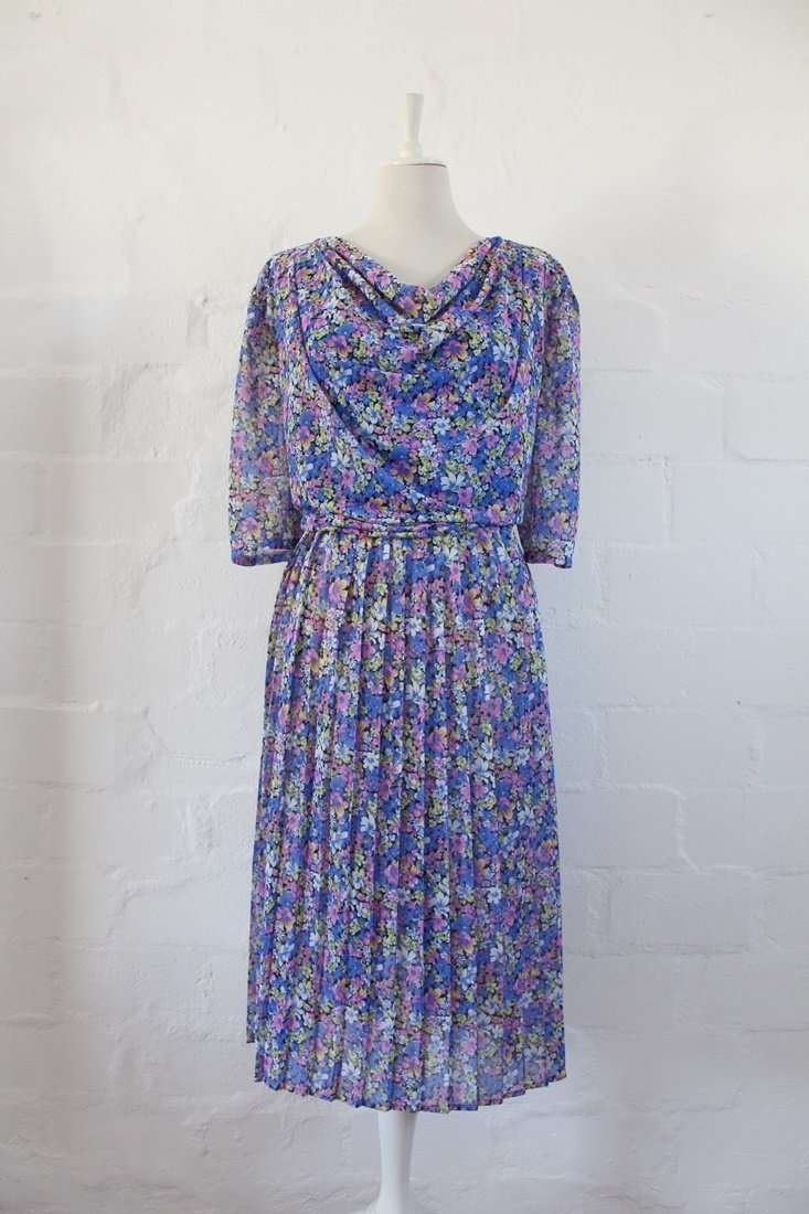 VINTAGE FLORAL PINK BLUE COWL NECK PLEATED DRESS - SIZE 24