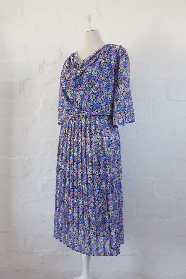 VINTAGE FLORAL PINK BLUE COWL NECK PLEATED DRESS - SIZE 24