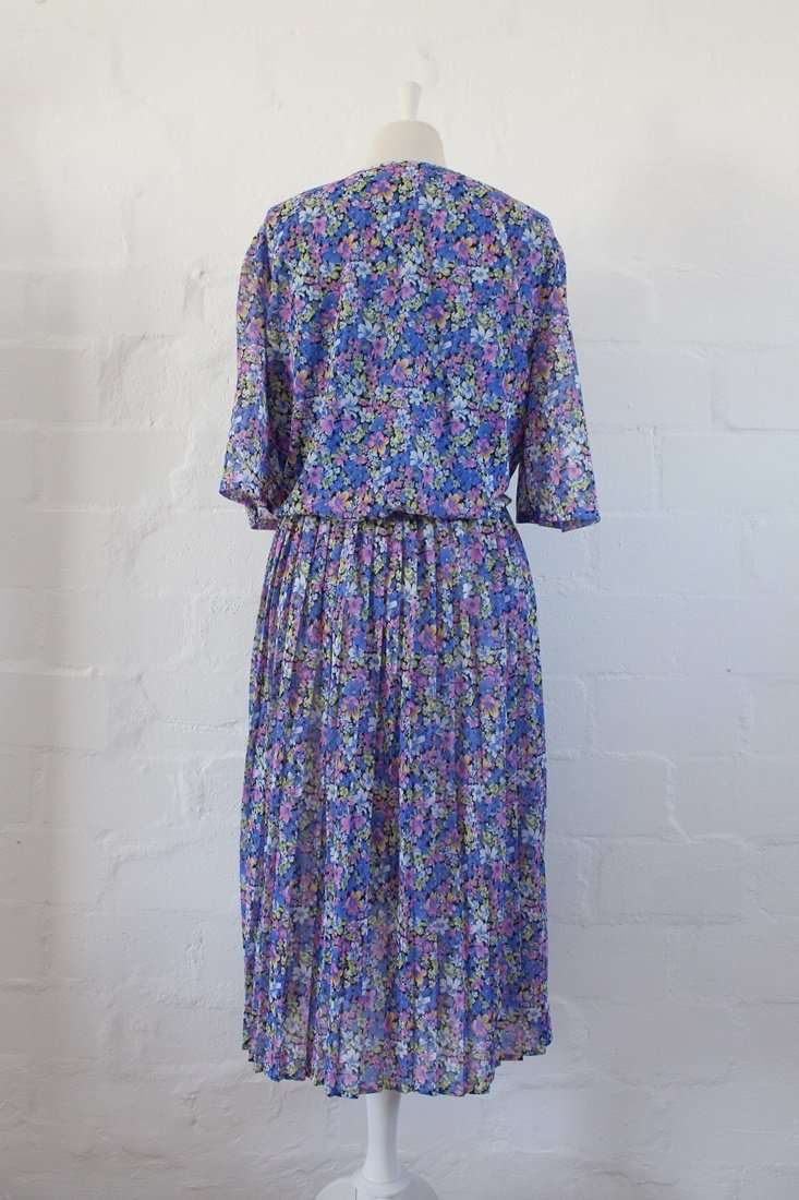 VINTAGE FLORAL PINK BLUE COWL NECK PLEATED DRESS - SIZE 24