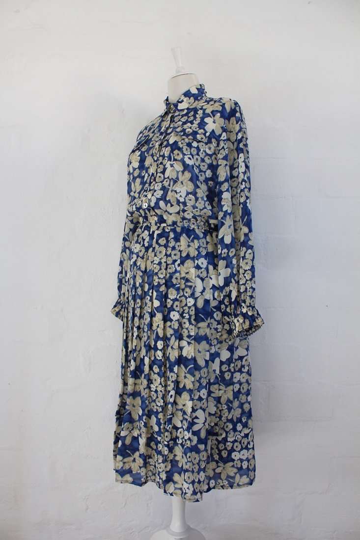 VINTAGE FLORAL PRINT BLUE CREAM PLEATED LONG SLEEVE DAY DRESS - SIZE 16