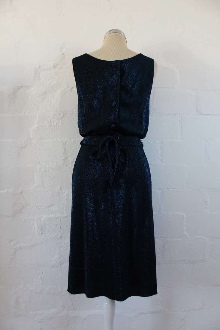 VINTAGE SHIMMERY BLUE BLACK BELTED COCKTAIL EVENING DRESS - SIZE 8