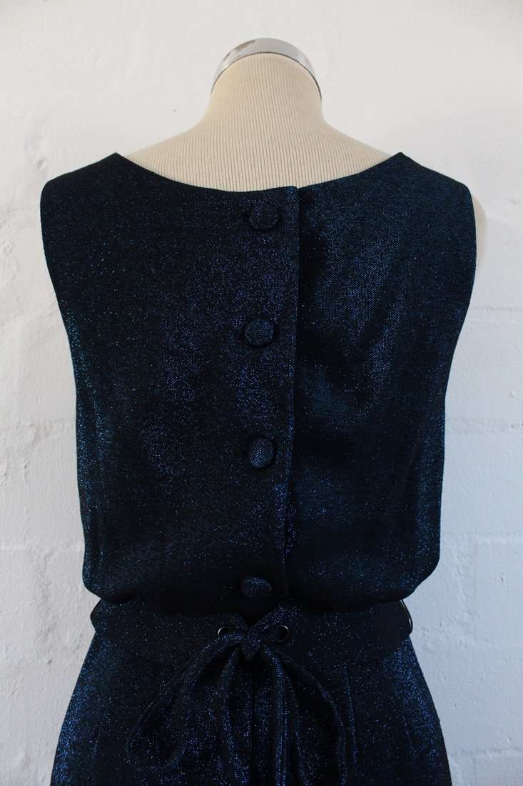 VINTAGE SHIMMERY BLUE BLACK BELTED COCKTAIL EVENING DRESS - SIZE 8