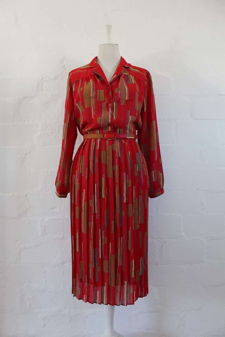 VINTAGE STRIPED RED PRINTED PLEATED LONG SLEEVE DAY DRESS - SIZE 12