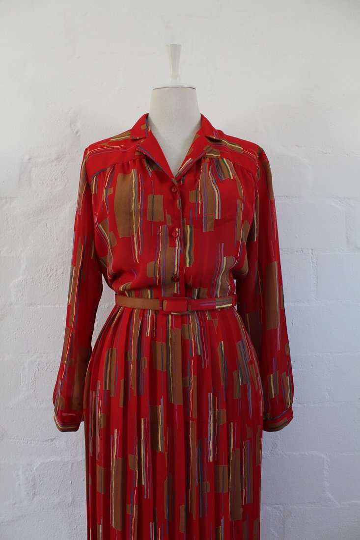 VINTAGE STRIPED RED PRINTED PLEATED LONG SLEEVE DAY DRESS - SIZE 12