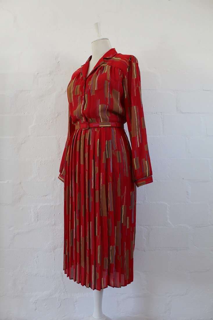 VINTAGE STRIPED RED PRINTED PLEATED LONG SLEEVE DAY DRESS - SIZE 12