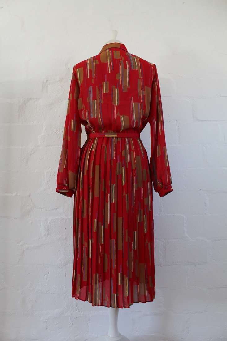 VINTAGE STRIPED RED PRINTED PLEATED LONG SLEEVE DAY DRESS - SIZE 12