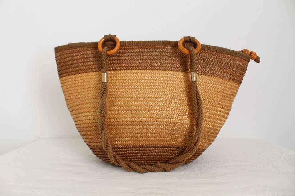 VINTAGE STRAW WOVEN BROWN TOTE BAG HANDBAG