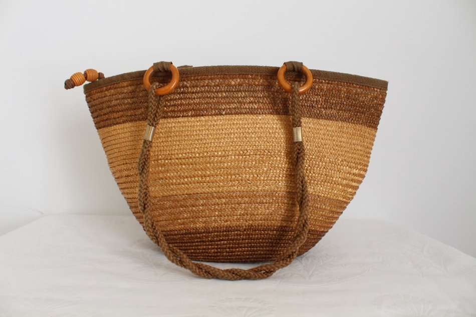 VINTAGE STRAW WOVEN BROWN TOTE BAG HANDBAG