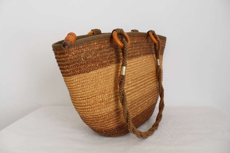 VINTAGE STRAW WOVEN BROWN TOTE BAG HANDBAG