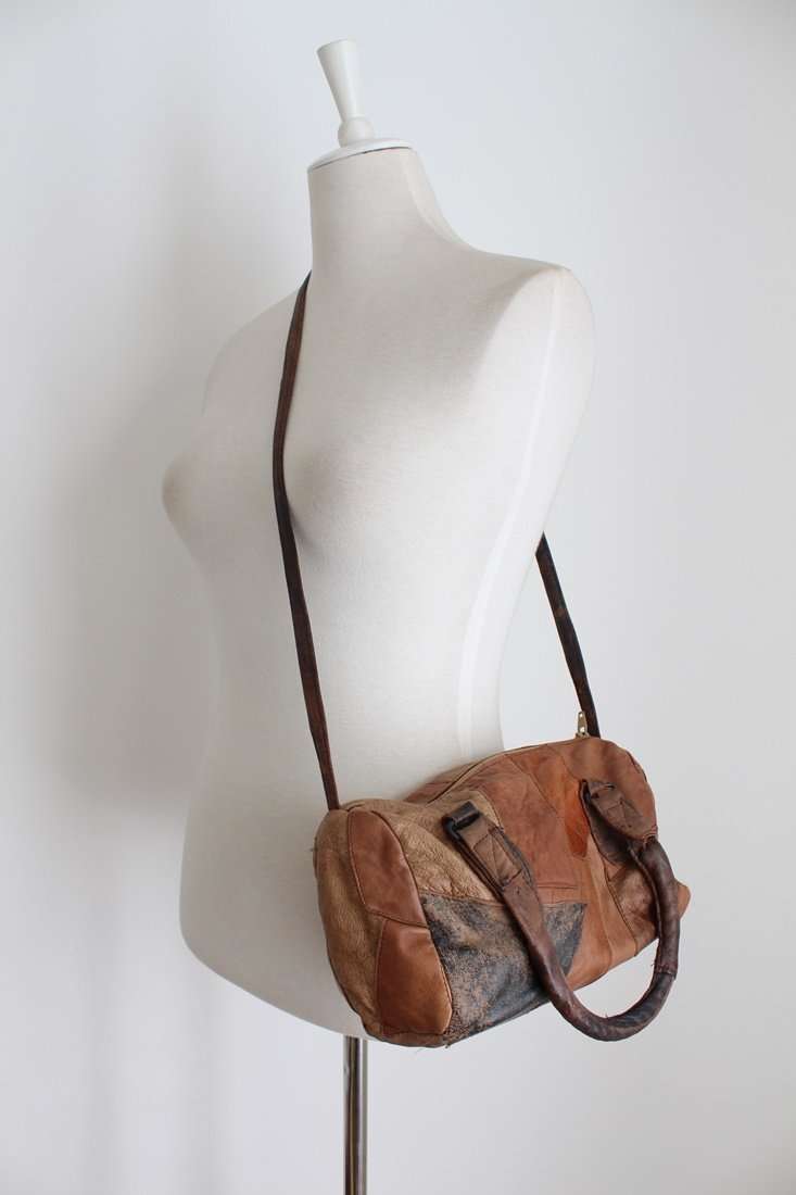 VINTAGE SOFT GENUINE LEATHER PATCH BROWN SHOULDER BAG HANDBAG