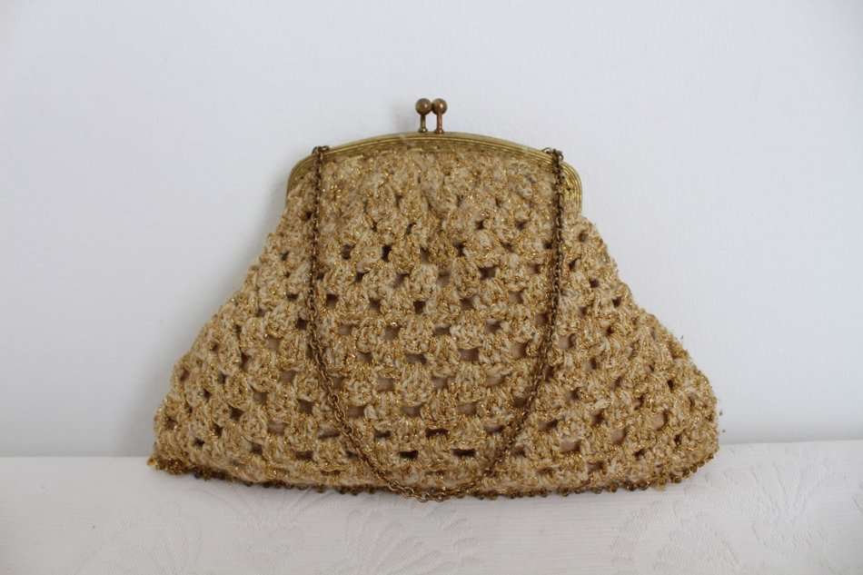 *SUMMER SALE - 50% OFF!* VINTAGE GOLD WOOL KNITTED BEADED EVENING BAG CLUTCH PURSE