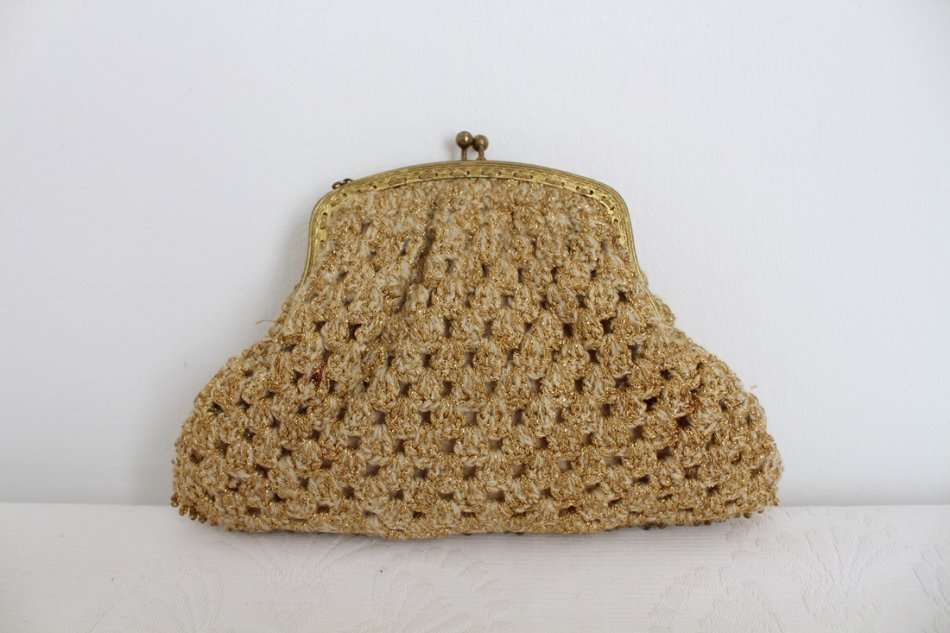 *SUMMER SALE - 50% OFF!* VINTAGE GOLD WOOL KNITTED BEADED EVENING BAG CLUTCH PURSE