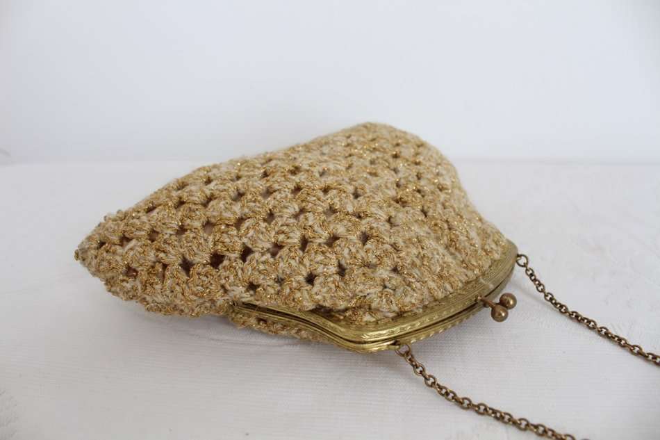 *SUMMER SALE - 50% OFF!* VINTAGE GOLD WOOL KNITTED BEADED EVENING BAG CLUTCH PURSE