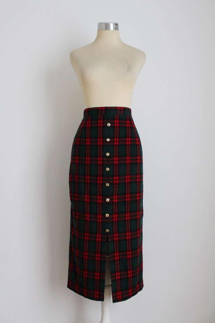 VINTAGE GREEN RED TARTAN CHECK WIGGLE MIDI SKIRT - SIZE 12