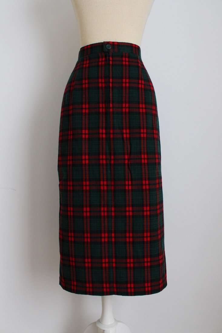 VINTAGE GREEN RED TARTAN CHECK WIGGLE MIDI SKIRT - SIZE 12
