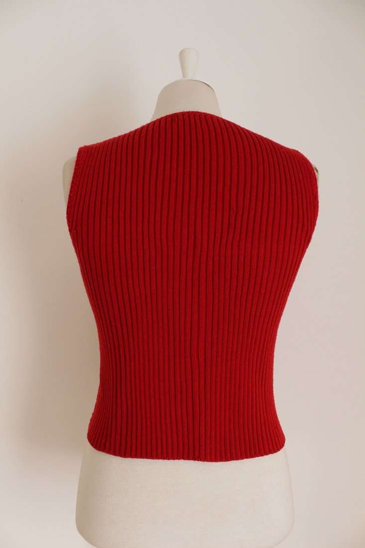*GENUINE SUEDE LEATHER* VINTAGE RED KNIT WAISTCOAT JERSEY TOP - SIZE 14