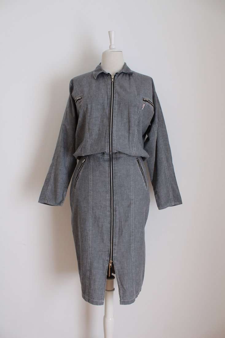 VINTAGE ZIPPER DETAIL GREY FITTED DRESS - SIZE 12