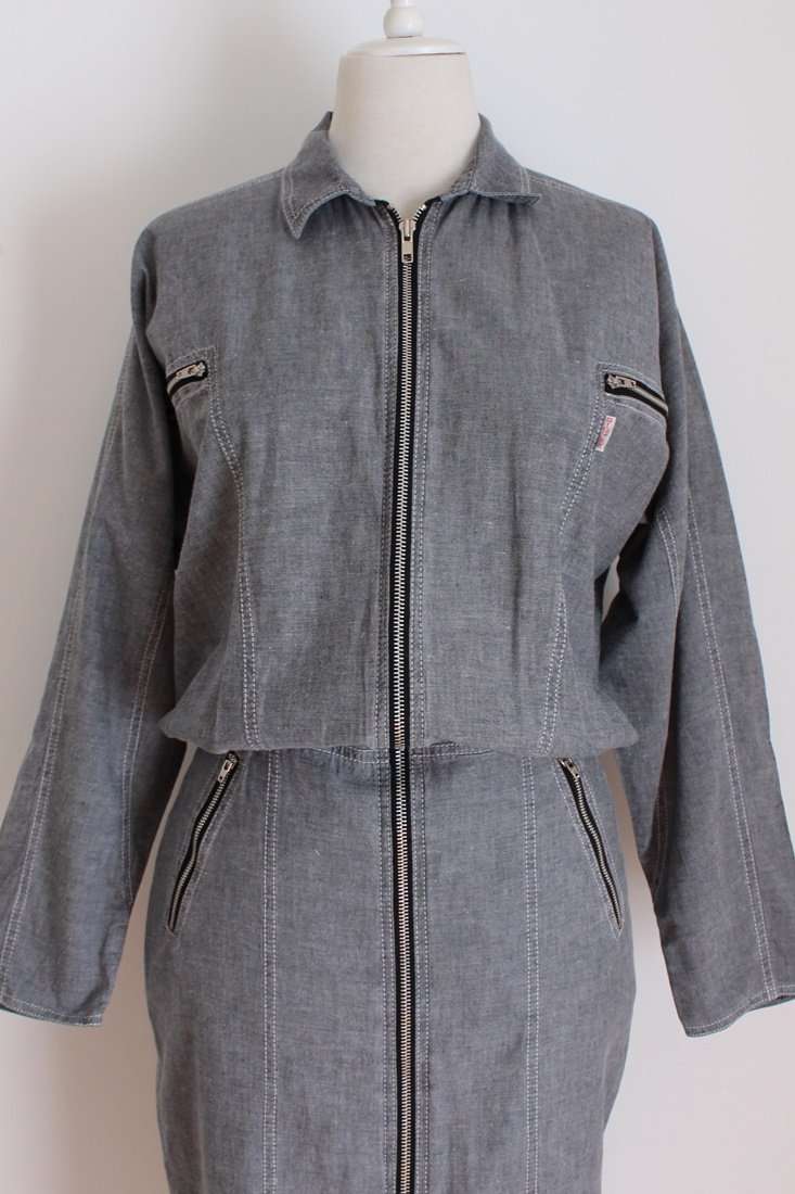 VINTAGE ZIPPER DETAIL GREY FITTED DRESS - SIZE 12