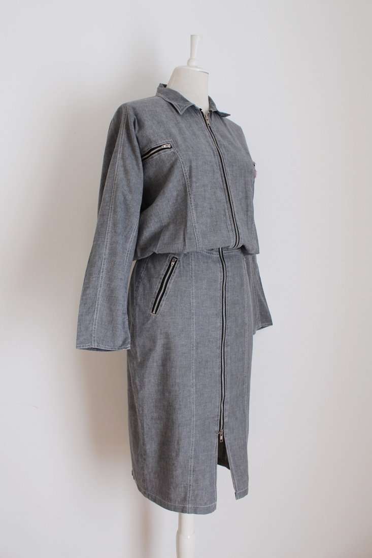 VINTAGE ZIPPER DETAIL GREY FITTED DRESS - SIZE 12
