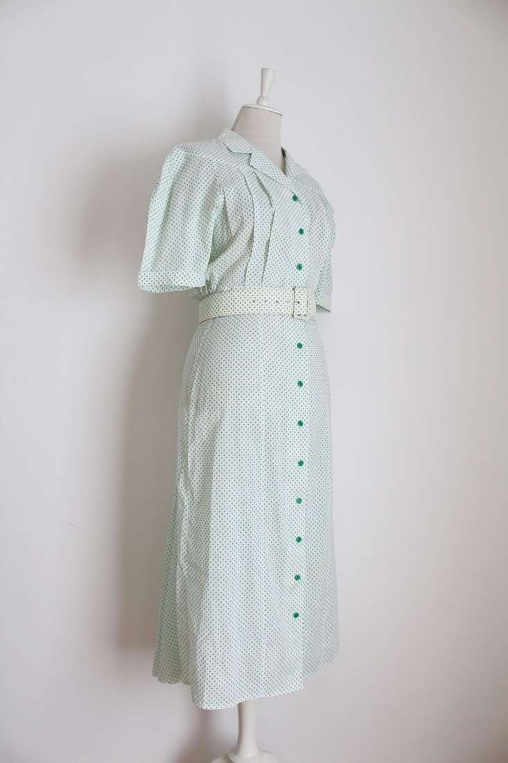 VINTAGE BELTED POLKA DOT PRINT WHITE GREEN DAY DRESS - SIZE 12