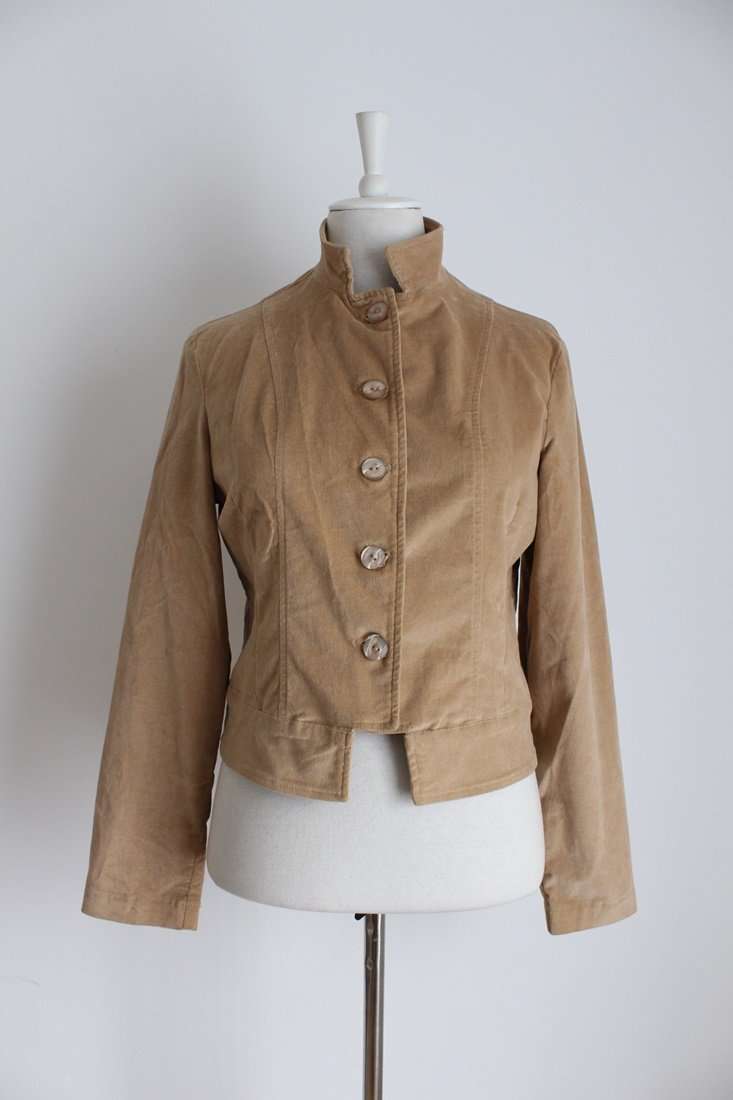 VINTAGE CORDUROY TAN BROWN HIGH COLLAR JACKET - SIZE 12