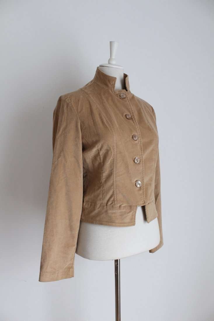 VINTAGE CORDUROY TAN BROWN HIGH COLLAR JACKET - SIZE 12
