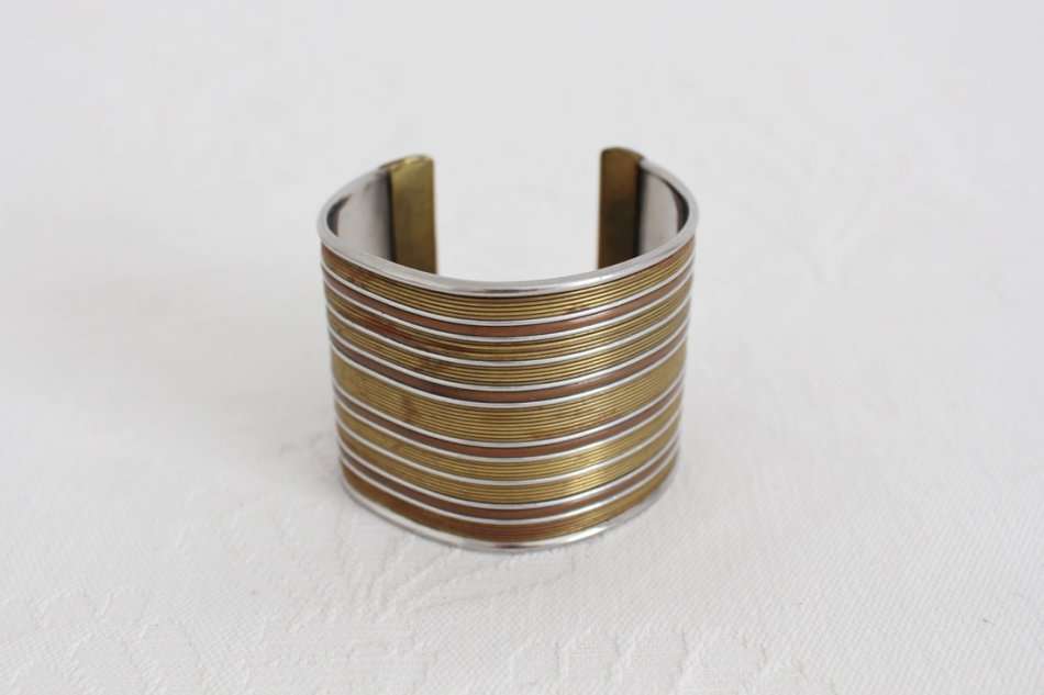 VINTAGE BRASS SILVER TONE WIDE CUFF BANGLE BRACELET