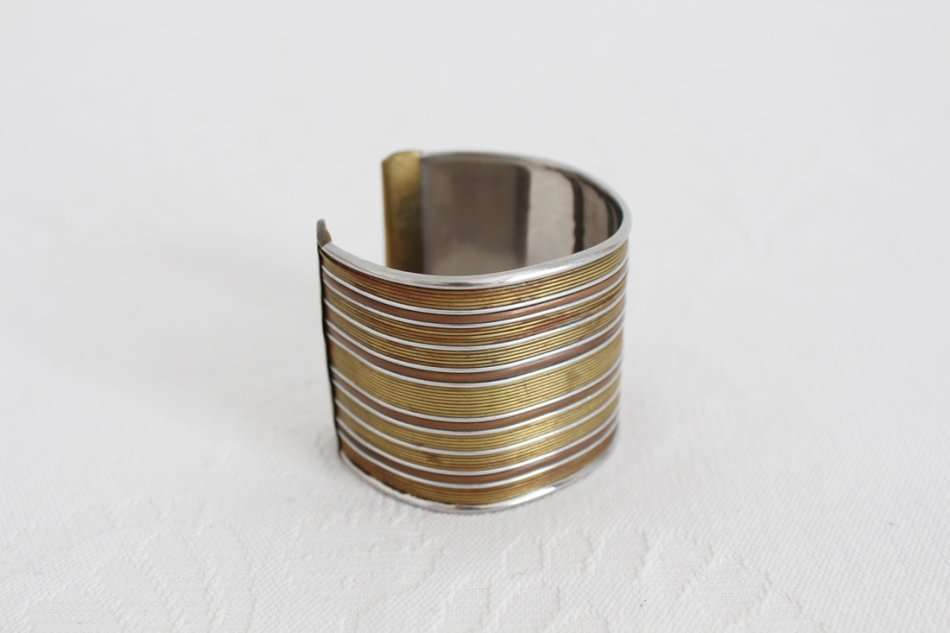 VINTAGE BRASS SILVER TONE WIDE CUFF BANGLE BRACELET