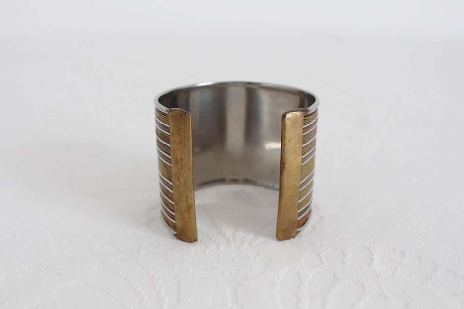VINTAGE BRASS SILVER TONE WIDE CUFF BANGLE BRACELET